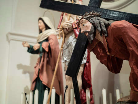 Capurso/Bari, Italy - 12 08 2019: Religious festival for the Holy Mary in the city of Capurso, Italy. Representation of the crucifixion of Jesus Christ inside a church.のeditorial素材