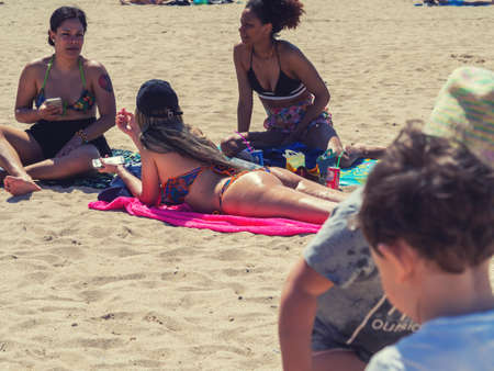 Bari, Italy - 06 07 2020: A Sunday morning on a beach in Bari, in southern Italy. People return to the sea after the end of the quarantine.のeditorial素材