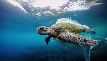 A sea turtle entangled in plastic waste, surrounded by polluted, murky waters, highlighting the devastating impact of ocean pollution on marine life and the urgent need for conservation and actionの素材