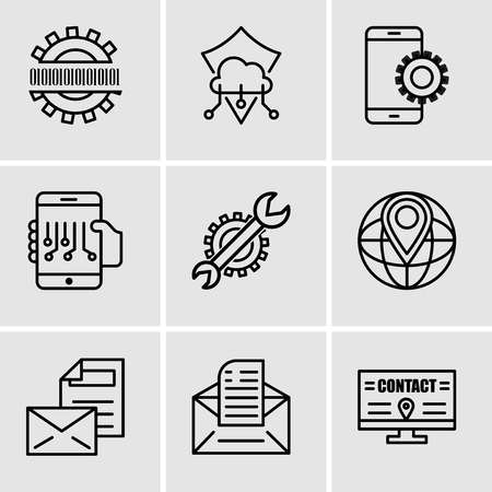 Set Of 9 simple editable icons such as Billboard, Email, Mail, World placeholder, Settings, Smartphone, Setup, Protection, Binary code, can be used for mobile, web UIのイラスト素材
