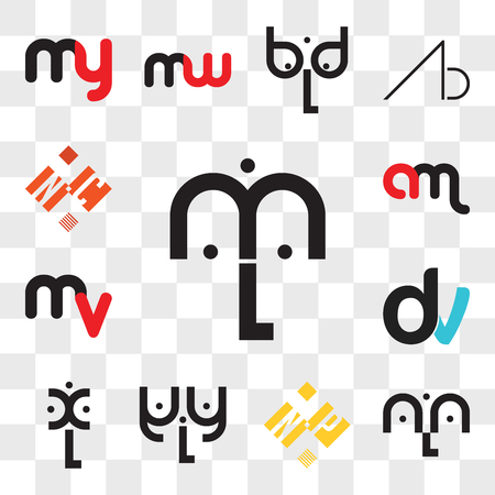 Set Of 13 transparent editable icons such as mL, lm, aLa, NP or PN, xL, dv, vd, mv vm, am ma, NC CN, web ui icon pack, transparency setのイラスト素材