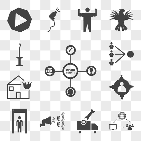 Set Of 13 transparent icons such as employee benefits, supply chain management, vehicle inspection, word of mouth, quarantine, engagement, web ui editable icon pack, transparencyのイラスト素材
