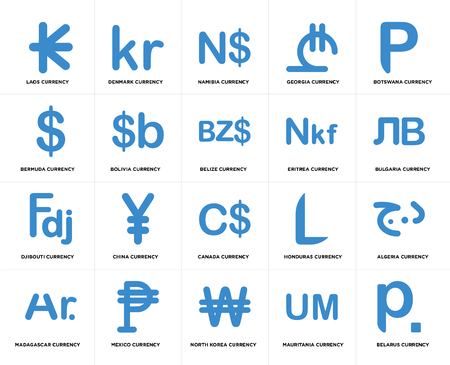 Set Of 20 simple editable icons such as Bulgaria currency, North Korea Mexico Bermuda Belize web UI icon pack, pixel perfectのイラスト素材