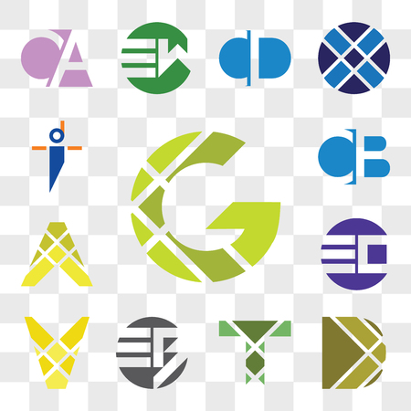 Set Of 13 transparent editable icons such as G Letter, D T EB BE, V EO OE, A CB BC, di id, web ui icon pack, transparency setのイラスト素材