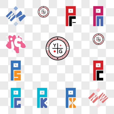 Set Of 13 transparent editable icons such as YG, NW or WN, PX XP, PK KP, PG GP, PC CP, PS SP, YD, ic ci, web ui icon pack, transparency setのイラスト素材