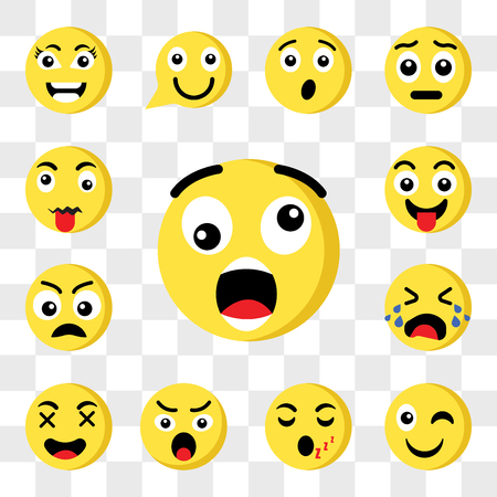 Set Of 13 transparent icons such as Shocked emoji, Wink Sleeping Angry Happy Crying Sad Tongue web ui editable icon pack, transparency setのイラスト素材