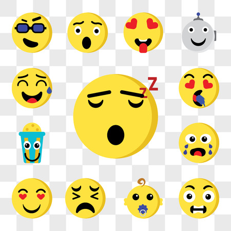 Illustration pour Set Of 13 transparent editable icons such as Sleeping, Outrage, Baby, Sad, In love, Crying, Popcorn, Sweat, web ui icon pack, transparency set - image libre de droit