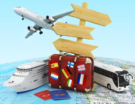 plane, suitcase, bus and ship, wood sing board and passportsの写真素材
