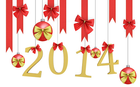 Christmas balls and digits hanging with ribbons on white backgroundの写真素材