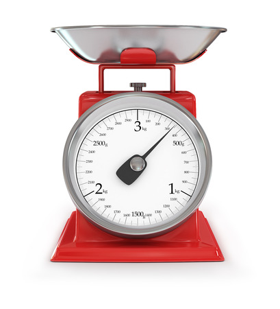 vintage red kitchen scales isolated on white background, clipping path.の写真素材