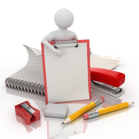 3d white man with a clipboard and office suppliesの写真素材