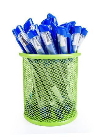 colorful pencils in holder isolated on white backgroundの写真素材