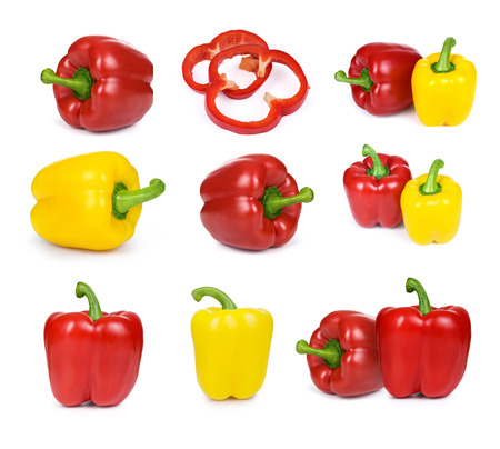 Set of sliced red, yellow bell pepper section pieces isolated over white background, の写真素材