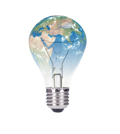 Switched ON Lightbulb in the Shape of the World Isolated on White Backgroundの写真素材