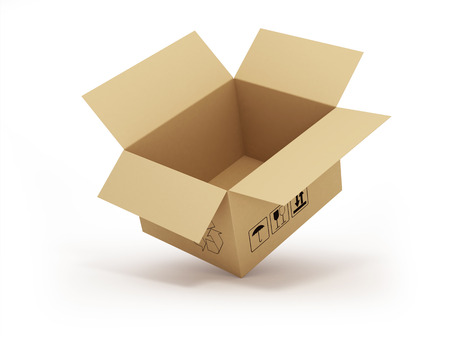 open empty cardboard box 3d illustration, isolated on white backgroundの写真素材