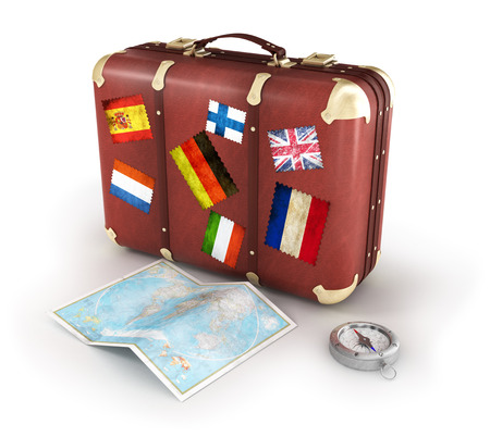 old suitcase with world map and compass on white backgroundの写真素材