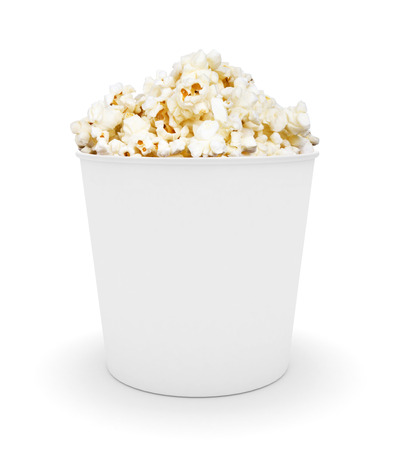 Full bucket of popcorn. Isolated on whiteの写真素材