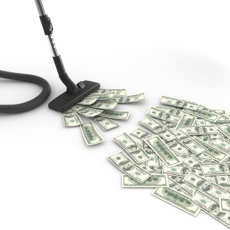 Concept with vacuum cleaner sucking money, 3dの写真素材