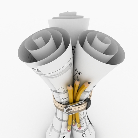 construction plan in rolls isolated on whiteの写真素材