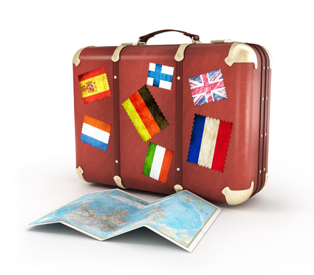old suitcase with world map and striples flags on white backgroundの写真素材