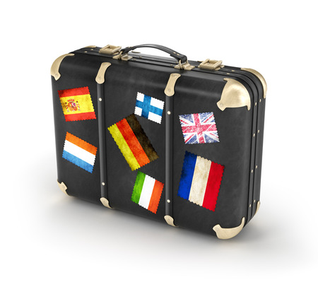 Black leather suitcase with travel stickers. 3dの写真素材