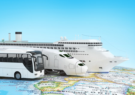 Travel transport on world map and sky on backgroundの写真素材
