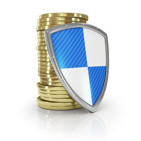 Financial insurance and business stability concept: stacks of golden coinの写真素材