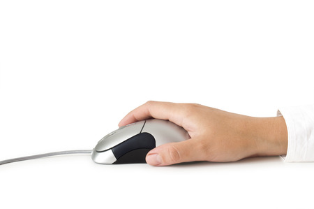 computer mouse in hand isolated on whiteの写真素材