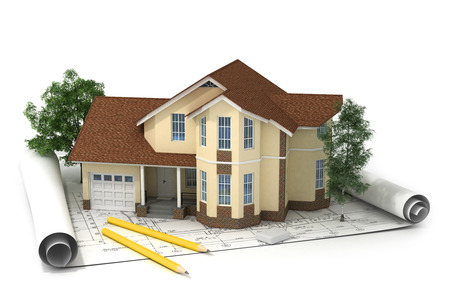 construction plan with house and wood 3dの写真素材