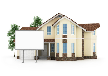 one stylized house with an empty signboardの写真素材