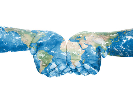 Map painted on hands.Concept of having the world in our handsの写真素材