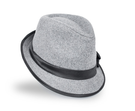 Cool grey, felt trilby/fedora hat isolated on a white background.の写真素材