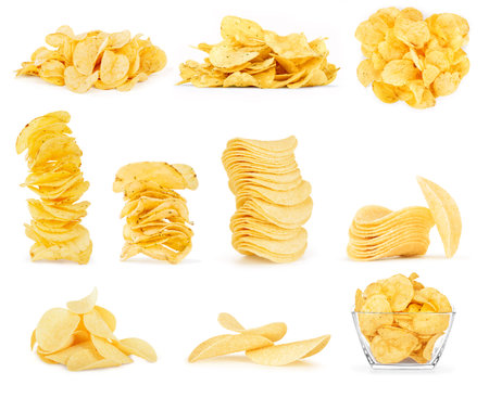 Collage of potato chips isolated on white background