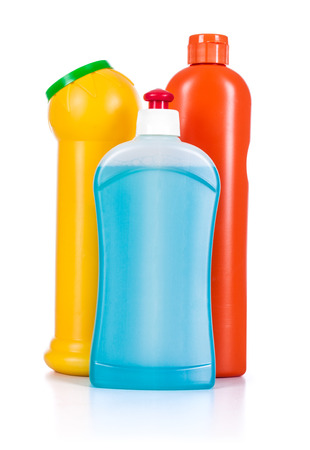 Detergent bottles isolated on white. Chemical cleaning suppliesの写真素材
