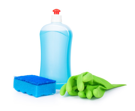 blue detergent, sponge blue and light green glovesの写真素材