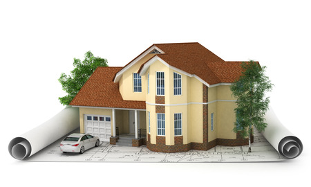 construction plan with house and wood 3dの写真素材