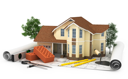 construction plan with house, wood and pencil, 3dの写真素材