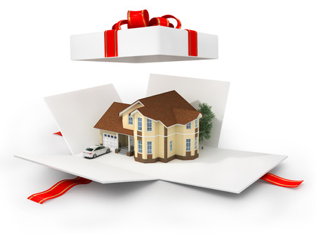 Opened gift with house on the white background.の写真素材