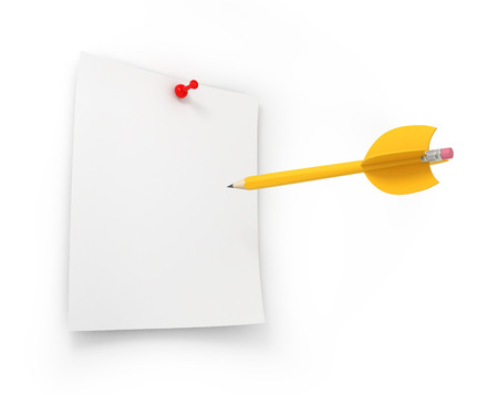 Creative target and business marketing goals with a yellow pencil in the shape of a dart aiming for innovation and invention through focus and strategy planning on a white background の写真素材