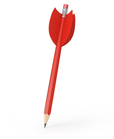 Love strategy and creating a target for a health and vision of the perfect date or marriage by drawing with a pencil shaped as a red dart on a target formed asa valentine heart on a white background の写真素材