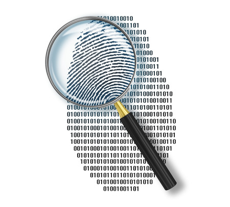 Magnifying glass over finger printlike shape made of binary codeの写真素材