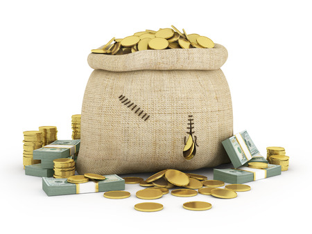 Canvas bag filled with coins. A white background. Isolated.の写真素材