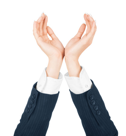 hands raised up on an isolated white backgroundの写真素材