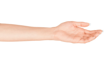 empty female woman hand holding isolated on whiteの写真素材