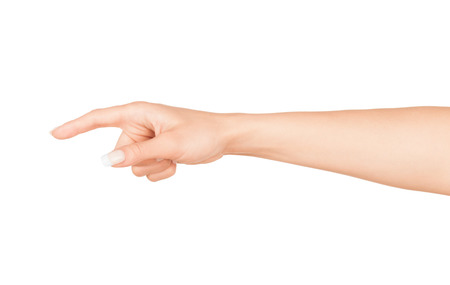 Woman hand touching virtual screen. Isolated on white.の写真素材
