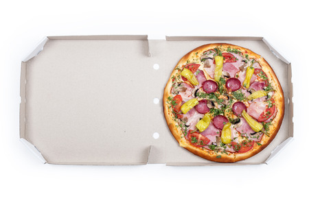 Tasty pizza with vegetables, isolated on whitecの写真素材