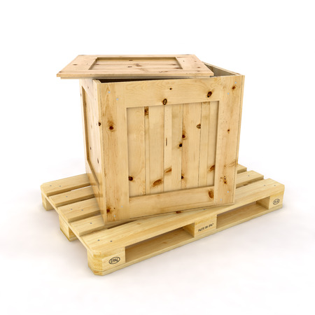 Stack of three wooden pallets  One pallet near  Isolated on whiteの写真素材