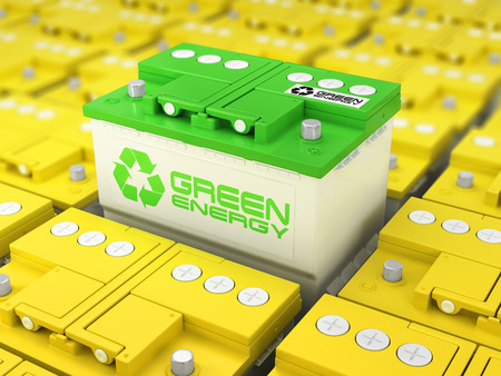 Car battery recycling. Green energy. Background from accumulators. 3dの写真素材