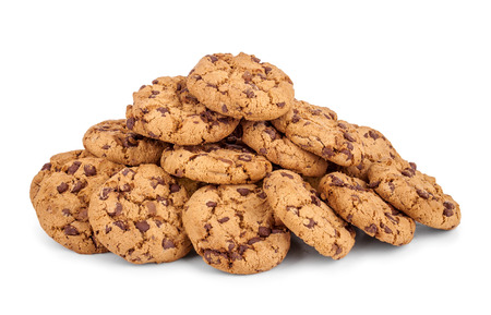 a large pile of chocolate chip cookies isolated on whiteの写真素材