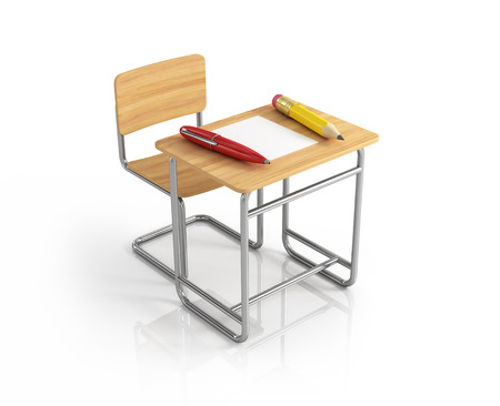 school desk and chair on white backgroundの写真素材